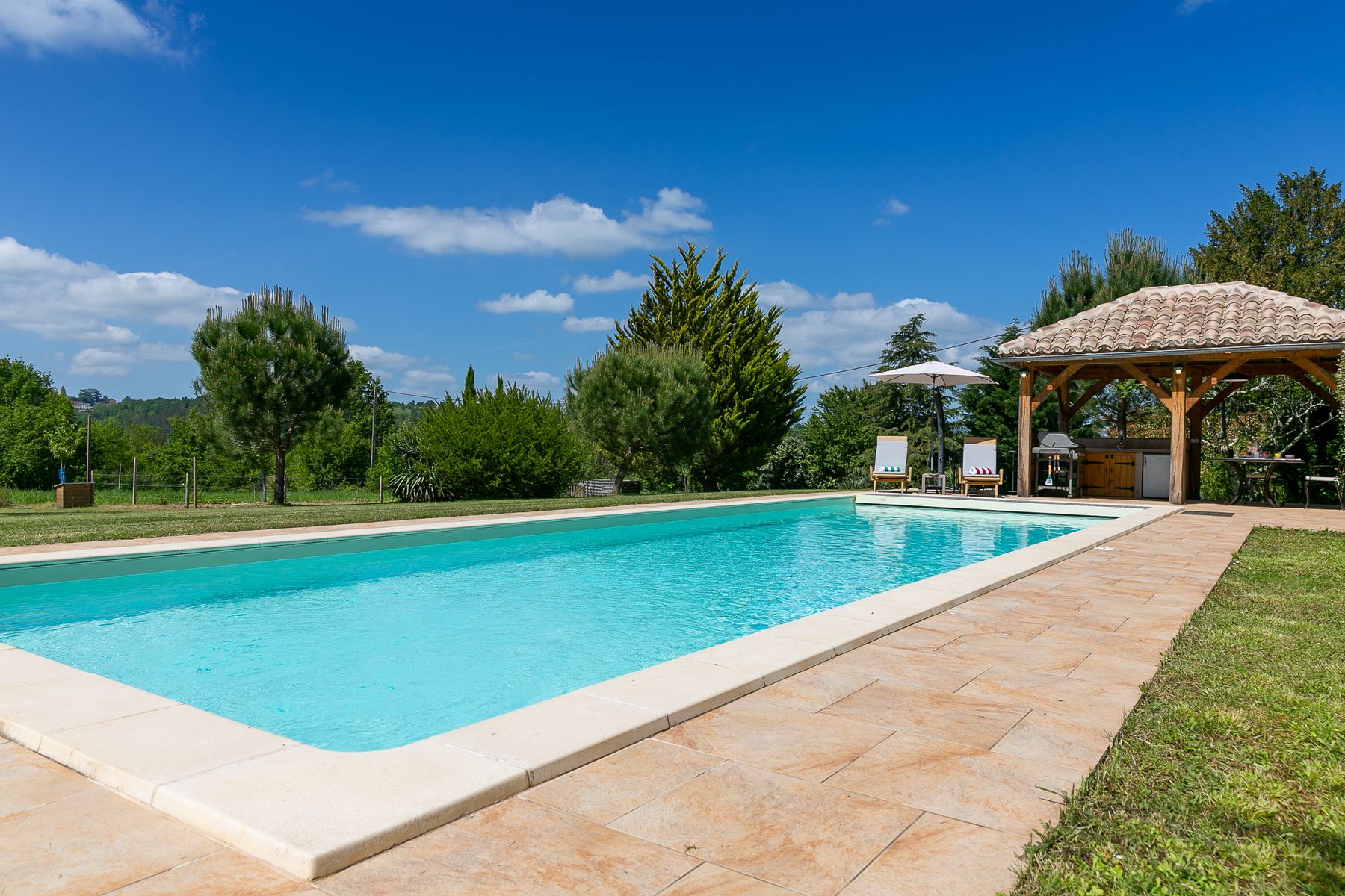 The heated saltwater pool overlooking the countryside